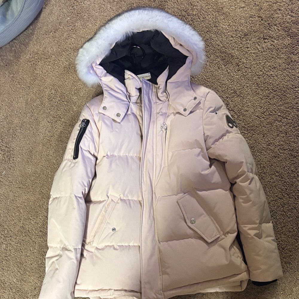 Moose Knuckles Beige Puffer Jacket with Faux Fur Hood